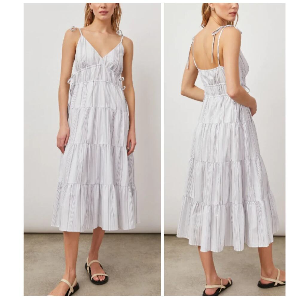 Rails Julia Striped Cotton Midi Dress L Tiered Tie Shoulder Slow Fashion